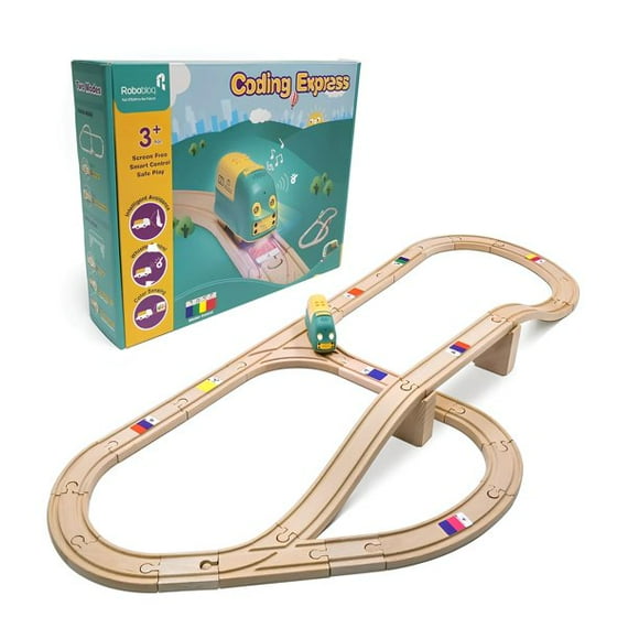 Robobloq Coding Express Wooden Train Set, Educational STEAM Learning Toys 25 PCS Wooden Tracks, 22 Functions Lights/Music, 3 Modes, Preschool Teaching Toys Gifts for Kids Age 3-7