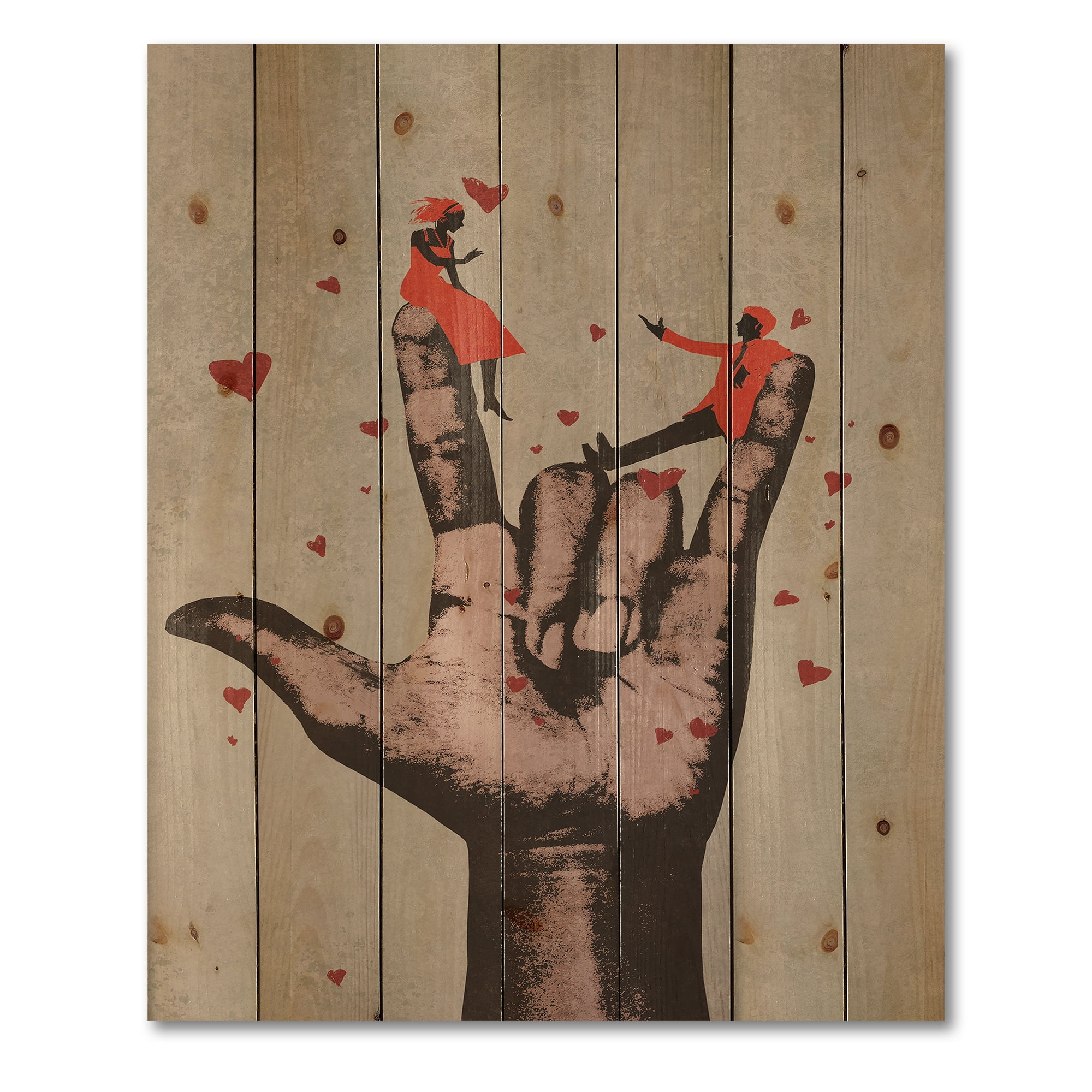Designart 'I Love You Hand Sign With Romantic Couple' Modern Print on Natural Pine Wood