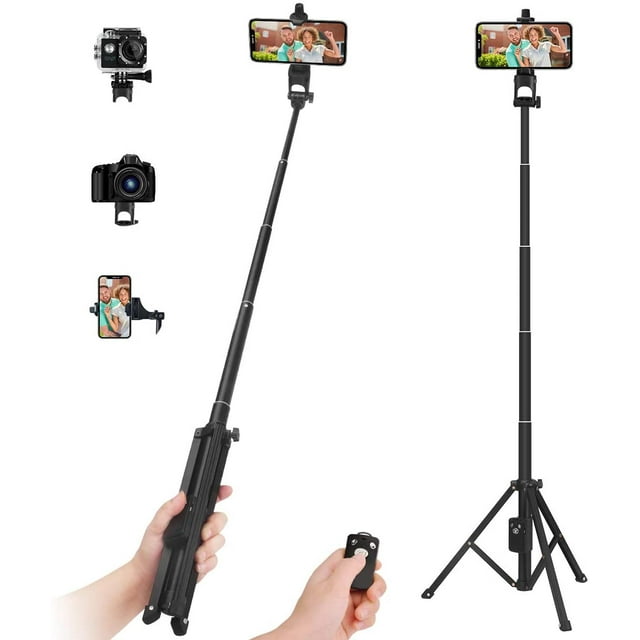 Trépied pour Bâton de Selfie, Trépied Extensible de 54 Pouces avec Support de Téléphone Portable et Télécommande Sans Fil Rechargeable, Léger, Compatible avec iPhone et Téléphone Android, Caméra, Gopro