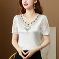 thumbnail image 2 of Women's V Neck Lace T-Shirt Summer Fashion Satin Feel Short Sleeve Net Yarn Top Stylish Undershirt for Layering, 2 of 4