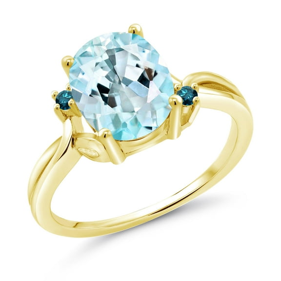 Gem Stone King 18K Yellow Gold Plated Silver Sky Blue Topaz and Blue Diamond 3 Stone Ring for Women (3.03 Cttw, Oval 10X8MM, Gemstone November Birthstone, Size 5)