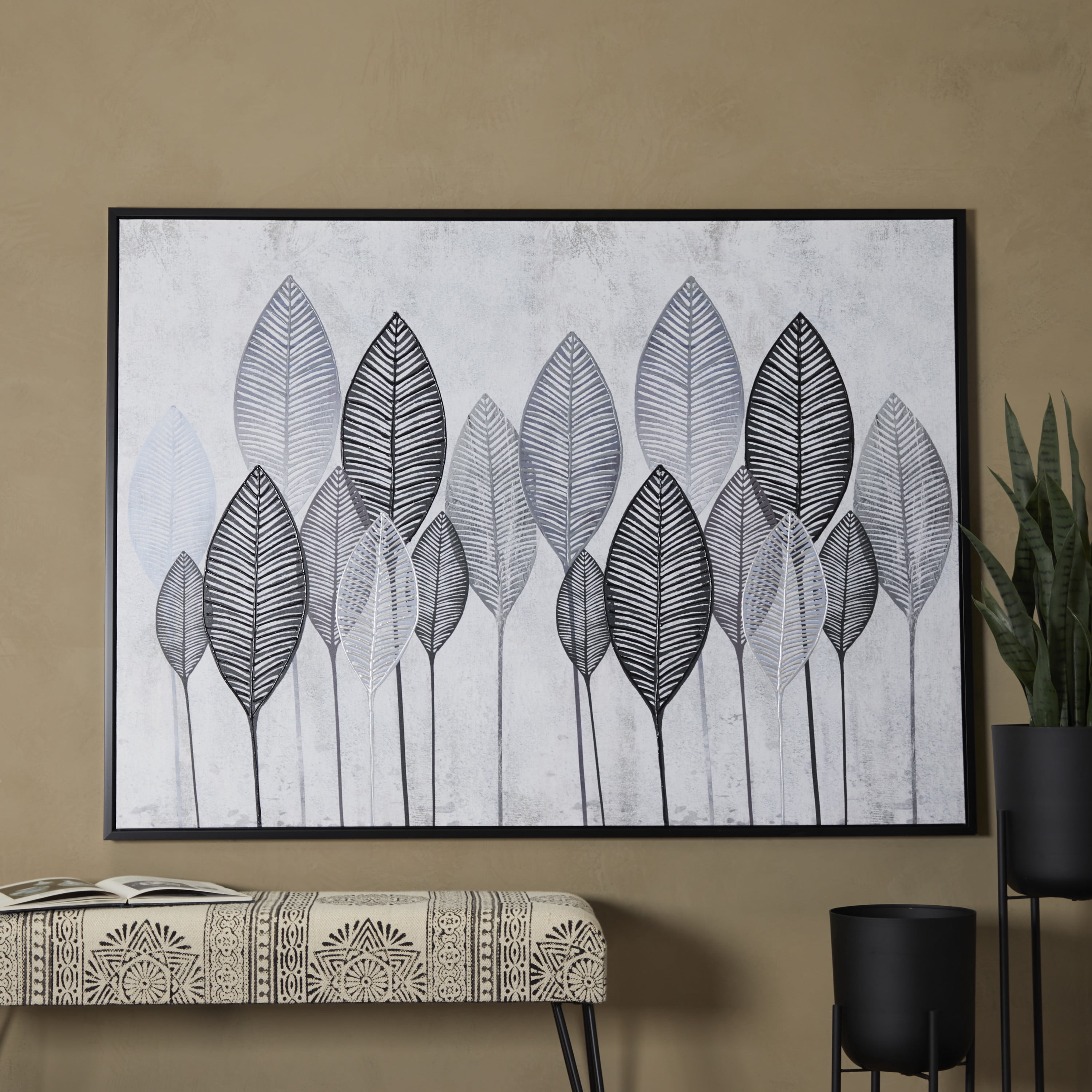 66" x 48" Leaf Framed Wall Art with Black Frame, by DecMode