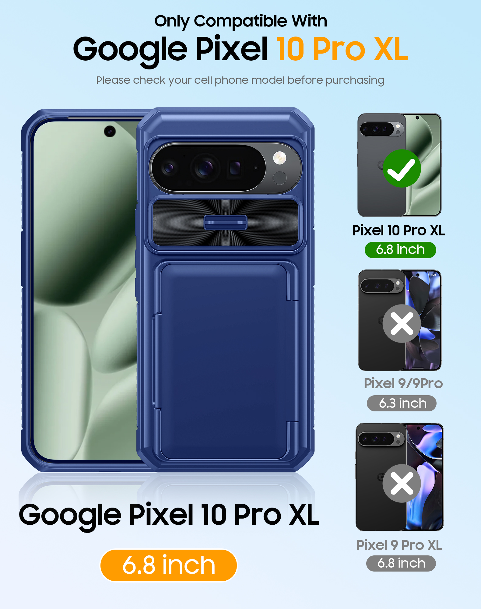 Vizvera for Google Pixel 10 Pro XL Wallet RFlD Cards Holder,Camera Control,Camera Cover,Rugged Shockproof Silicone Protective Phone Case-Blue