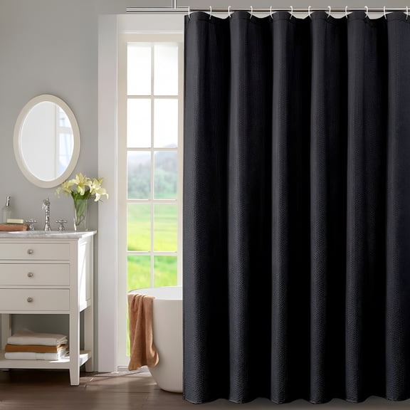AUQ 72 x 96 Inch Extra Long Black Shower Curtain, 3D Embossed Waffle Textured Fabric, Water Repellent Washable Cloth
