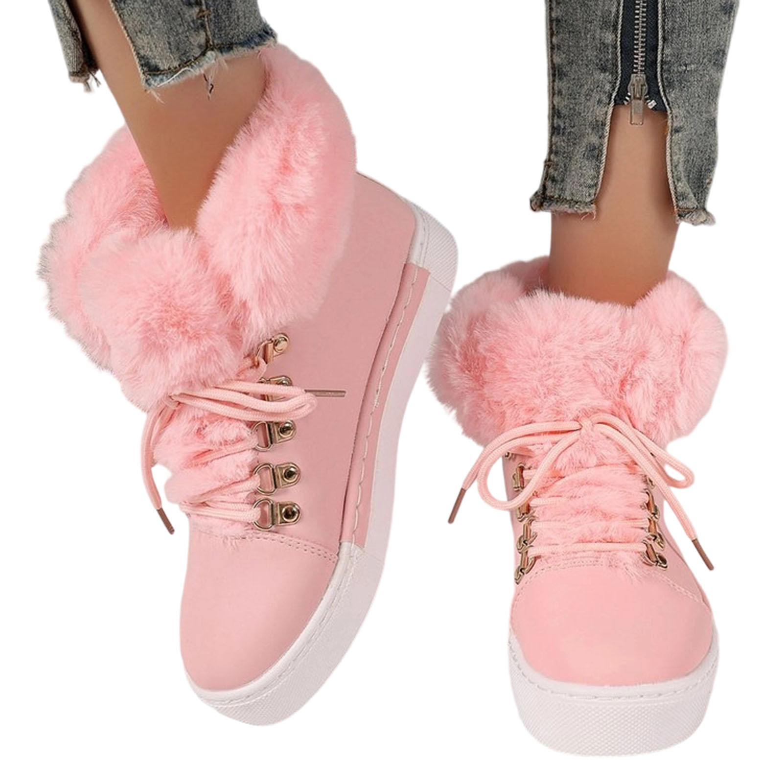 Dasayo Hiking Booties for Women Ankle Furry Pink Faux Leather Winter Lace up Flat Heel Shoes Women Shoes 40