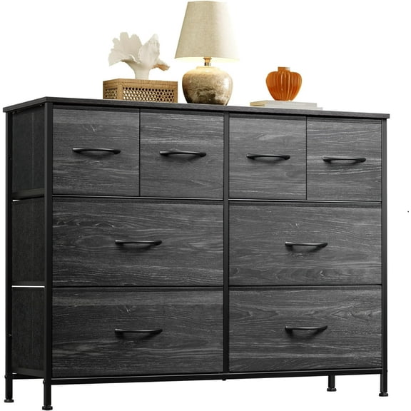 Bedroom dresser with 8 drawers, wide fabric dresser, bedroom dresser, black