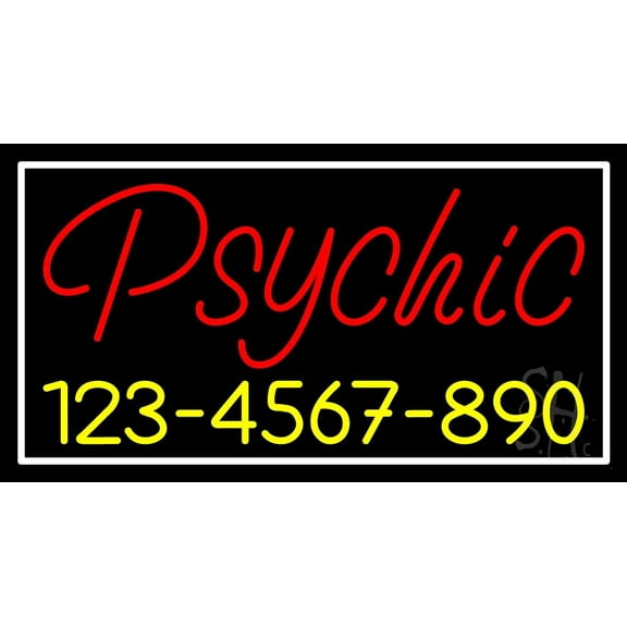 Red Psychic With Yellow Phone Number LED Neon Sign 13" Tall x 24" Wide - inches Black Square Cut Acrylic Backing, with Dimmer - Bright and Premium built indoor LED Neon Sign for Storefront.