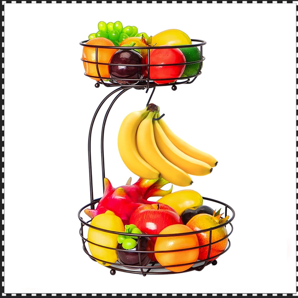 2 Tier Metal Wire Fruit Vegetable Basket Bowl with Banana Hanger