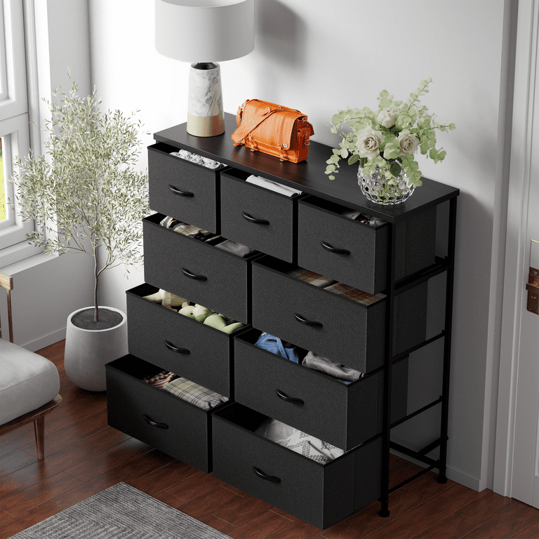 Furmax Large Wood Storage Dresser with 9 Cloth Drawers, Bedroom