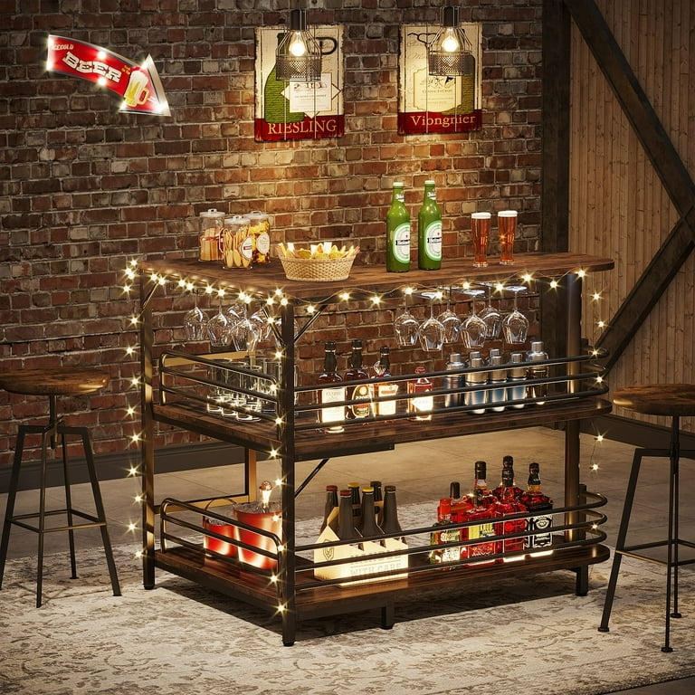 Tribesigns L-Shaped Home Bar Unit, 3 Tier Liquor Bar Table with Storage  Shelves and 6 Wine Glasses Holder, Industrial Corner Wine Bar Cabinet Mini  Bars for Home Kitchen Pub, Rustic Brown 