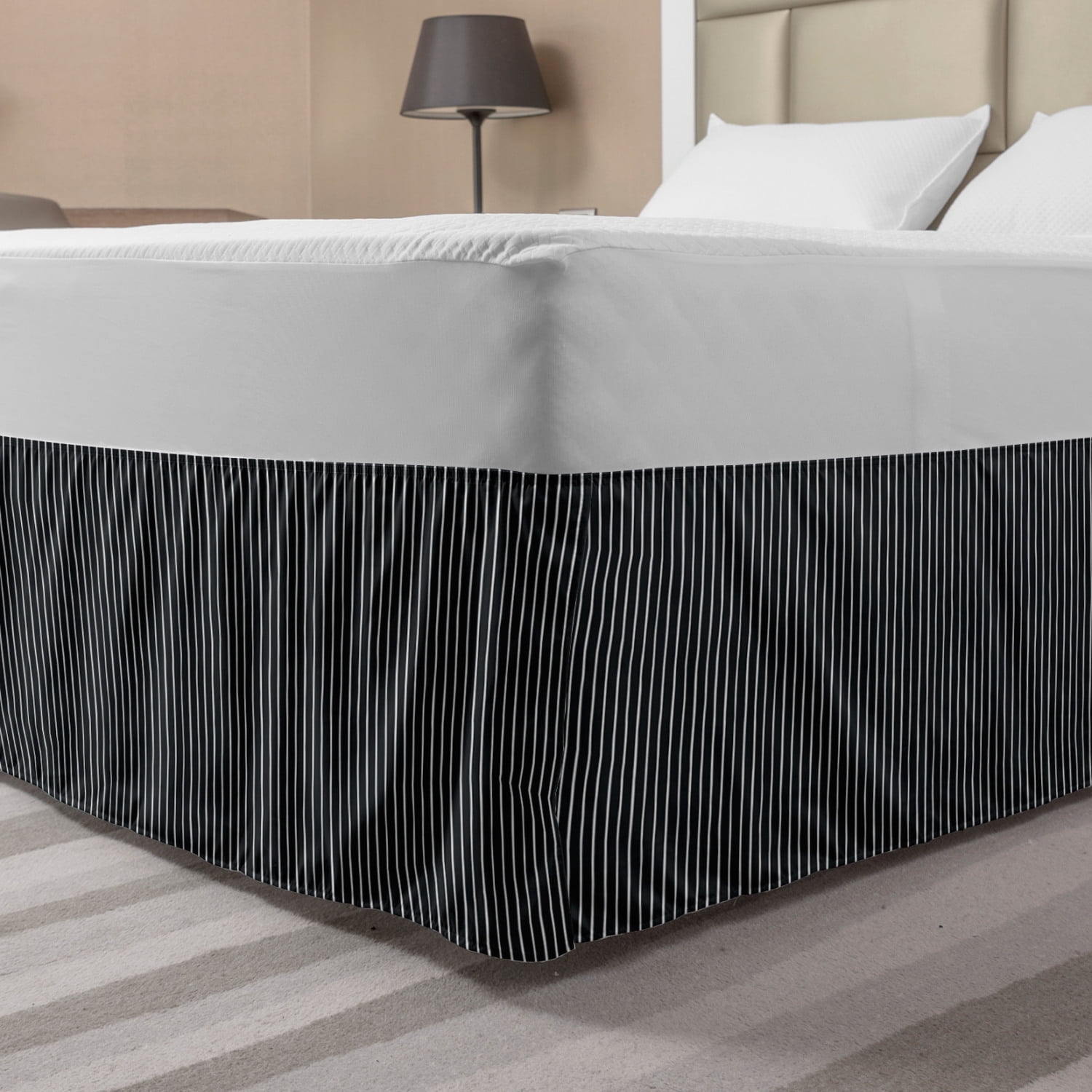 Pinstripe Bed Skirt, Monochrome Black and White Design White Thin