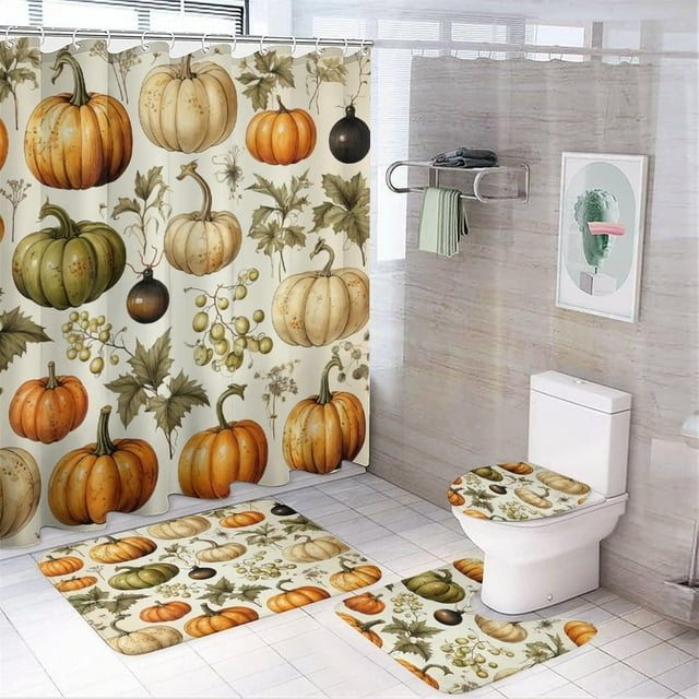 Faty-T Ensembles de Rideaux de Douche avec Tapis 4 Pcs Décorations d'Automne Citrouille Ensemble de Rideaux de Douche avec Tapis Bienvenue Halloween l'Action de Grâce Rideau de Douche avec 12 Crochets pour Décoration de Baignoire