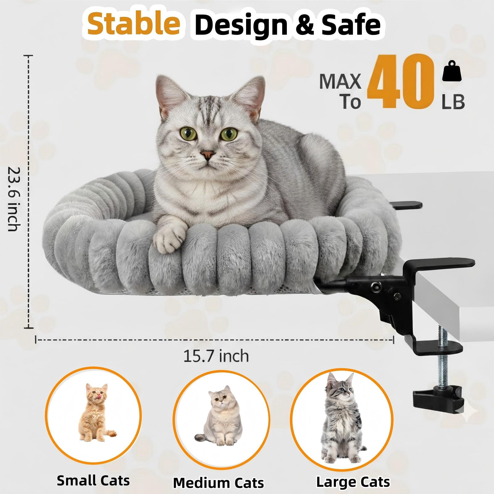 Clamp-On Hammock Rabbit Faux Fur Cat Desk Bed, Grey, Medium