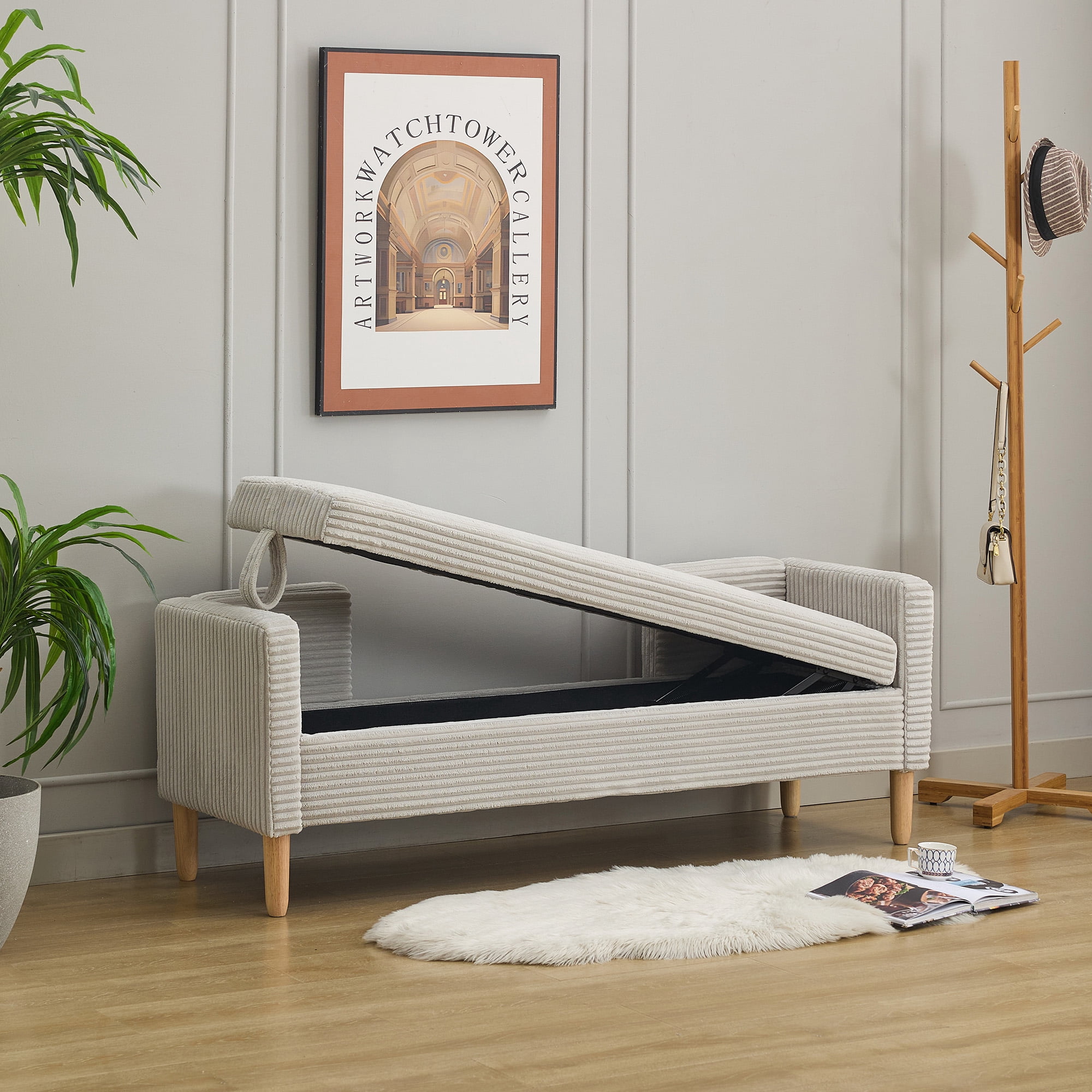 64.7"W Upholstered Corduroy Flip-top Storage End of Bed Bench, Accent Window Footrest with Armrests&Backrest&2 Bolsters Rubberwood Legs for Living Room, Hallway, Entryway Bedroom