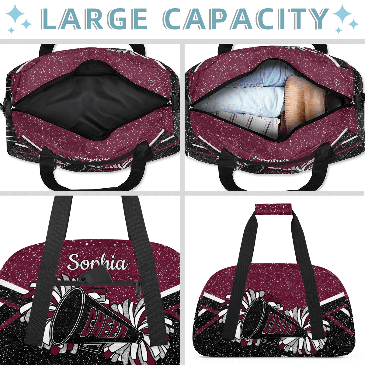 Jiaoprinted Personalized Cheer Bag for Women, Custom Sport Duffel Bag with Name, Customized Gym Bag, Weekender Overnight Bag, Cheerleading Gifts, Black Maroon Glitter