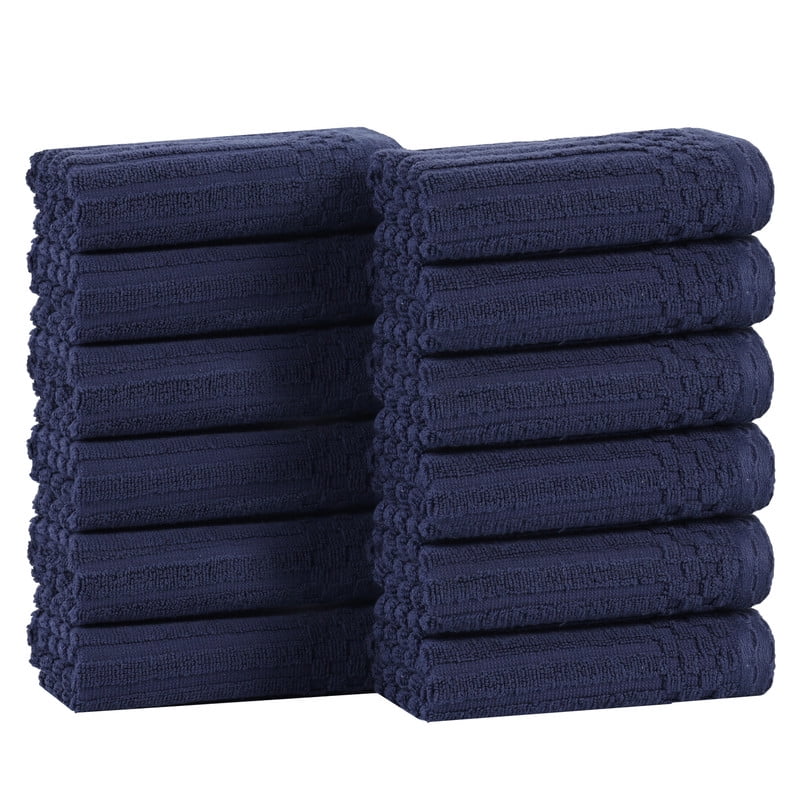 Superior Soho Ribbed Cotton Face Towel/Washcloth Set of 12, Navy Blue