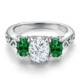 thumbnail image 3 of Gem Stone King 2.20 Cttw White Moissanite and Green Created Emerald Filigree Style 3 Stone Ring for Women | 925 Sterling Silver | Oval 8X6MM and 6X4MM (Size 5), 3 of 6