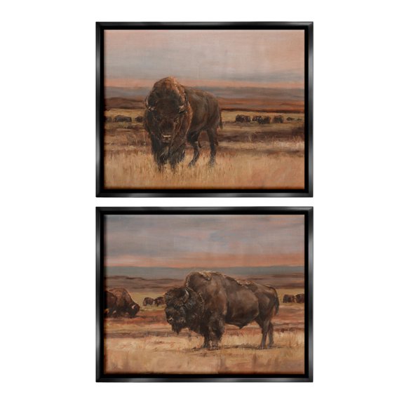 Stupell Industries Scattered Bison & Farmland Animals & Insects Painting Black Floater Framed Canvas Art Print Wall Art, 21 x 17, Set of 2