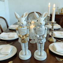2PCS Easter Rabbit Nutcracker 7" Resin Bunny Figurine Sculpture Holiday Nutcracker Doll Figure for Home Table Decorations Easter Bunny Decorations