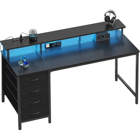 EDX 47 Inch Computer Desk with Power Outlets and LED Lights, Gaming Desk with 4 Drawers, Office Desk with Monitor Stand, Study Work Home Office, Small Spaces, Black
