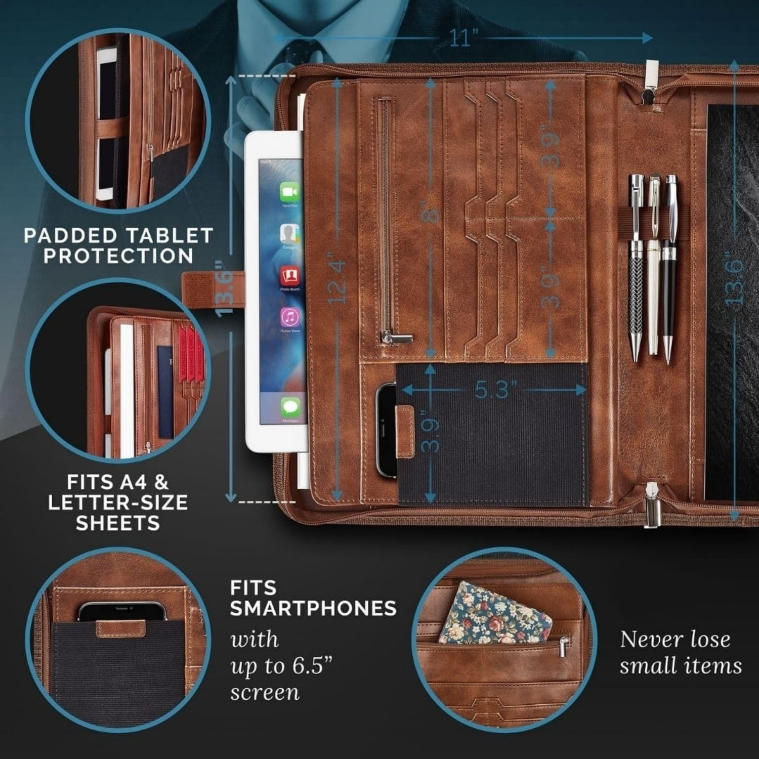 Zippered Vegan Leather Padfolio/Portfolio Pad Holder-Business PU Leather Notepad Folder for Resumes, Interviews, iPad/Tablet, Phone, Legal Pad Notebook Executive Binder for Women, Men