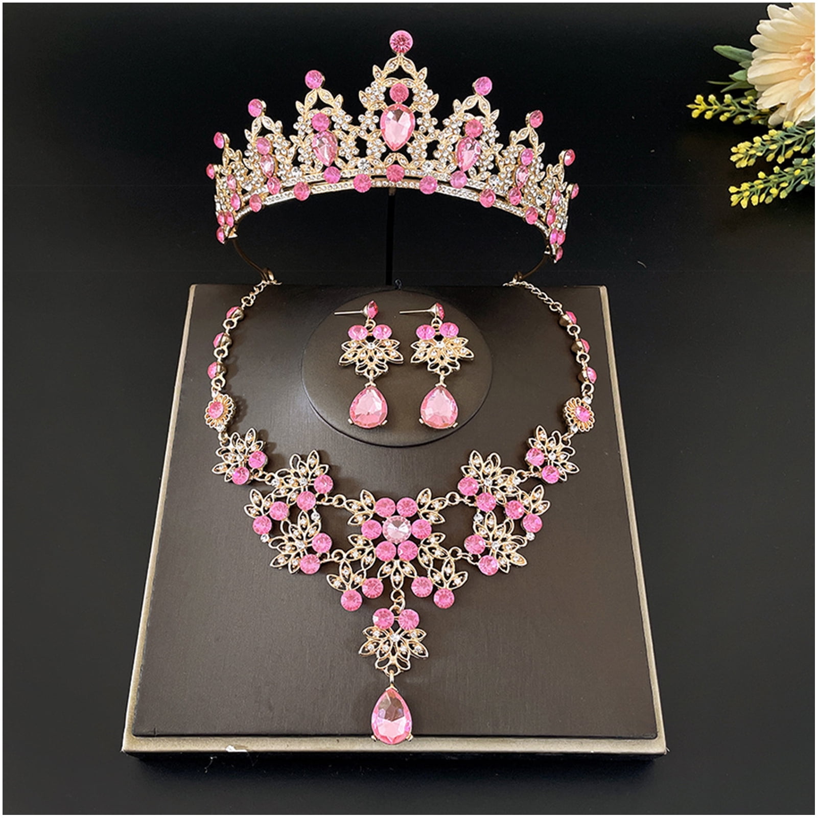 3pack Tiara Earrings Necklace Wedding Crown for Bride Tiaras and