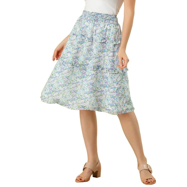 Unique Bargains Women's Floral Chiffon Elastic Waist Layer Ruffle Hem Midi Skirt
