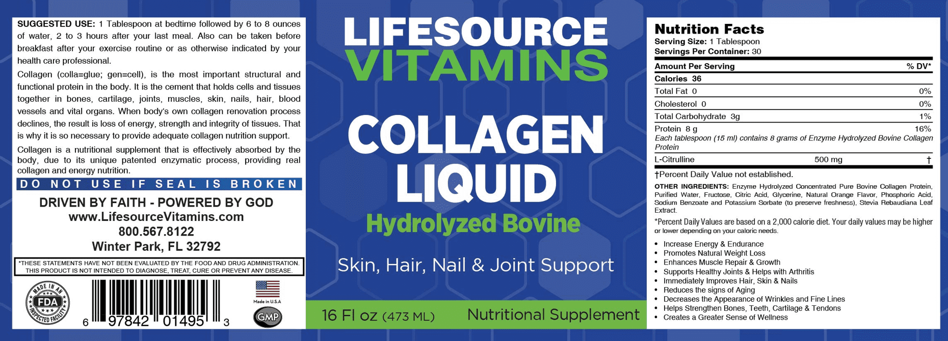 LifeSource Vitamins Collagen Liquid - 16 fl oz, Type 1 & 3, Liquid Collagen for Hair Skin, Nails & Joint Support