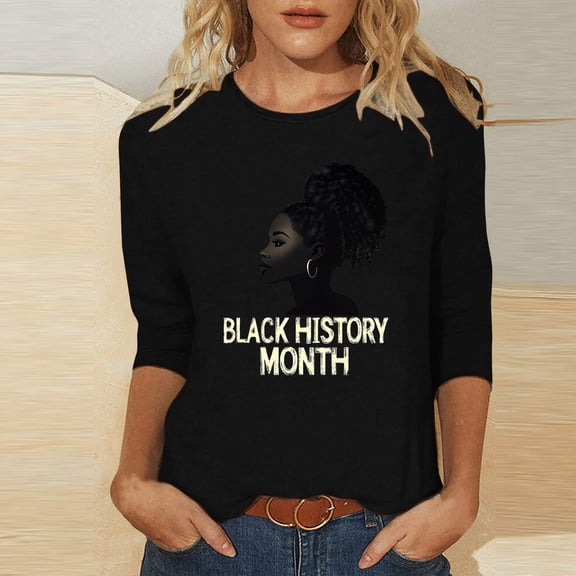Jjayotai Women's Black History Month Tops, 3/4 Length Sleeve Round Neck Shirts, Trendy Casual Comfy Blouses, Loose Fit Inspiration Tees for Black American Women Black L