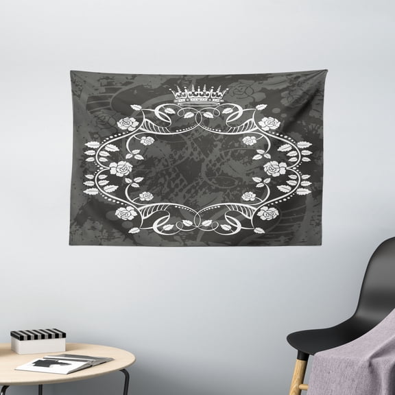 Queen Tapestry, Delicate Victorian Antique Circular Flora with Crown Vintage Grunge Rusted Royal, Wall Hanging for Bedroom Living Room Dorm Decor, 60W X 40L Inches, Black and White, by Ambesonne