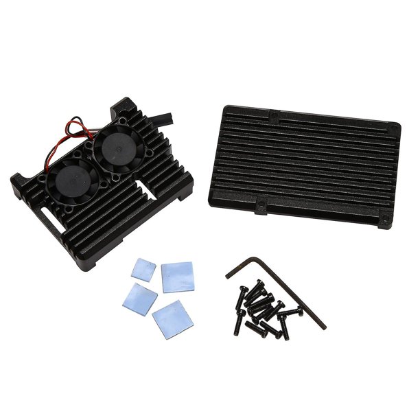 Compatible con Raspberry Pi 3 carcasa de aluminio con ventilador de refrigeración doble carcasa de Metal carcasa negra Compatible con Rpi Raspberr