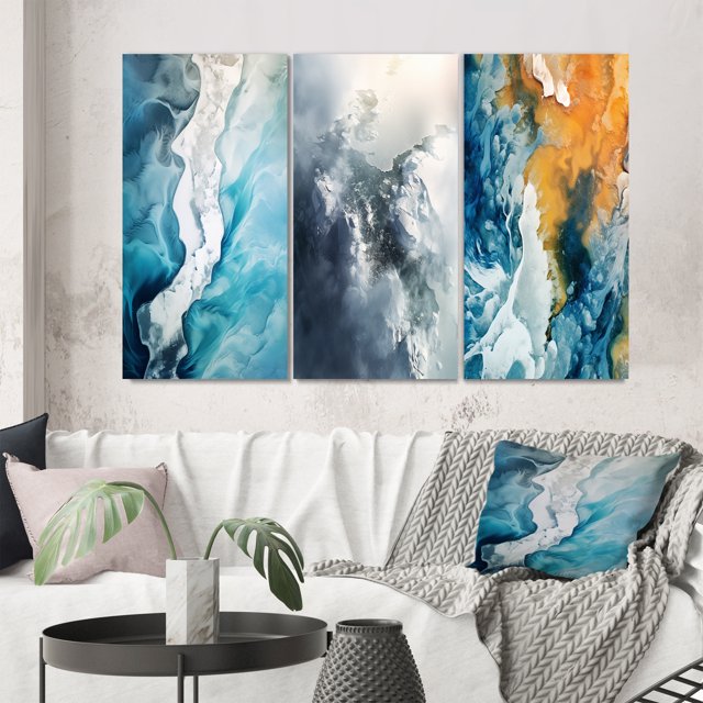 Designart "Arctic Glacier Landscape Aerial Perspective I" Glacier Wall Art Set Of 3 - Country Blue Canvas Set For Living Room Decor