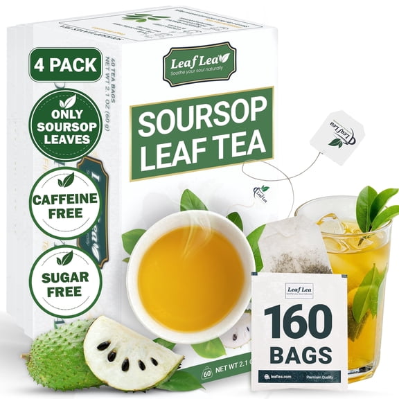 LeafLea 160 Premium Soursop Tea Bags, Natural & Pure Soursop Graviola Tea Leave, Vegan, Sugar/Caffeine Free, Pack of 4