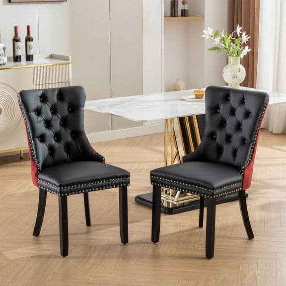 Knubmt 2 Pack Armless Dining Chair with Wood Legs, PU and Velvet Upholstered Side Chair for Dining Room, Living Room, Office, Black   Wine Red