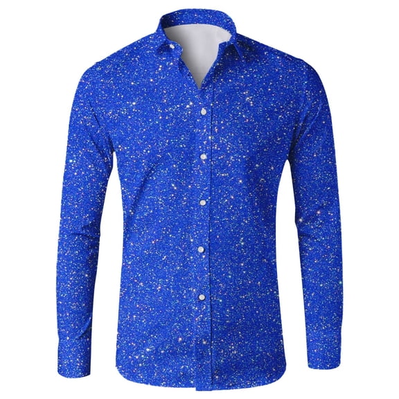 XIAOCHA Men's Sparkly Party Shirt Collared Long Sleeve Button Up Glitter Print Blouse Eye-Catching Casual Going Out Top