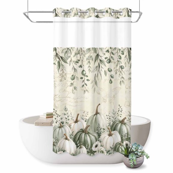 No Hook Shower Curtain, Fall Green Pumpkins Shower Curtains for Bathroom with See Through Top Window, Thanksgiving Eucalyptus Flowers Vintage Waterproof & Washable Bath Curtain Stand Up Stall 36"x72"