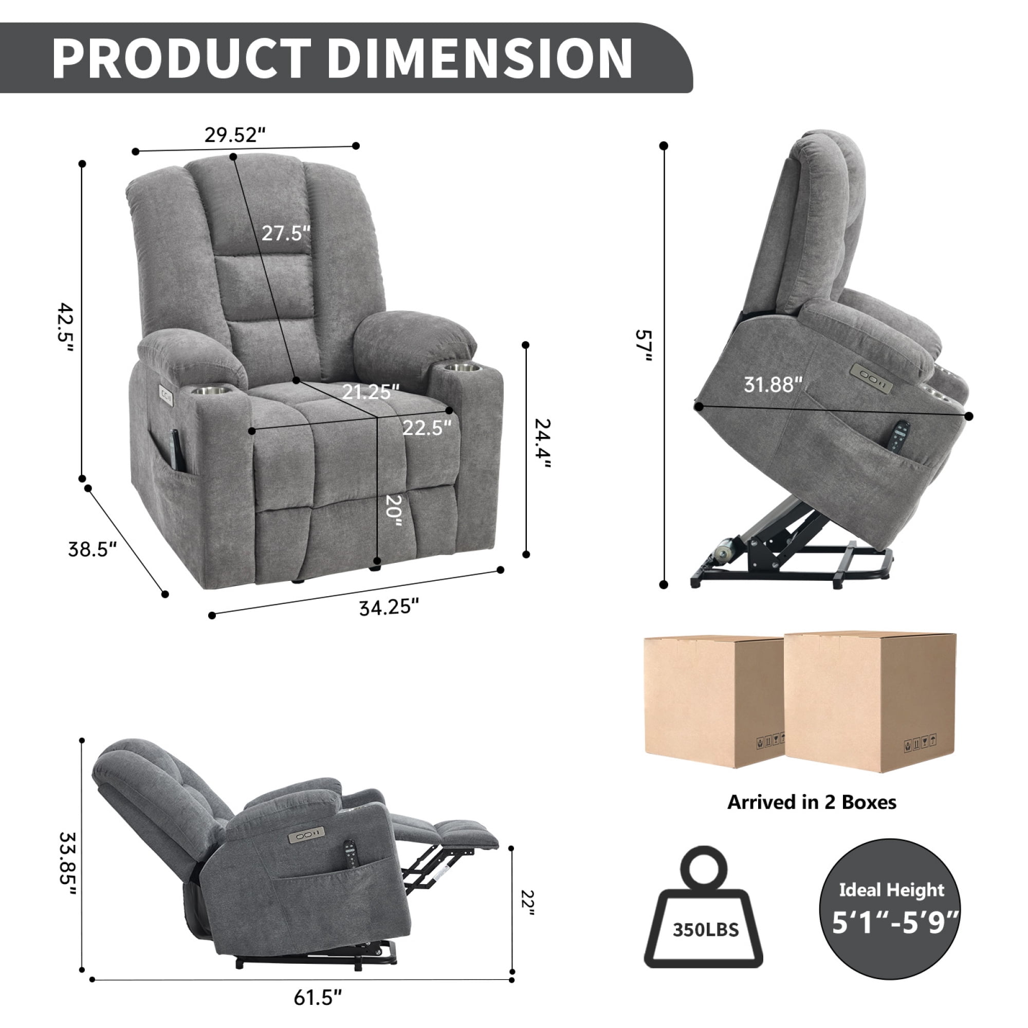 Leumius Large Power Lift Recliner Chair for Elderly,Heavy Duty Recliners with Vibration Massage and Lumbar Heating,Single Sofa with USB and Type C Ports, 2 Steel Cup Holders,Light Gray
