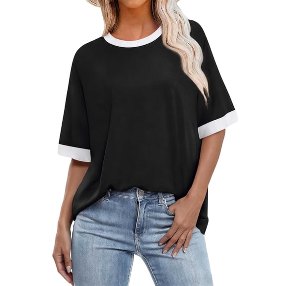 XUNKUSGA Womens Tops Loose Oversized Tops for Women Casual Crewneck Color Block Side Slits Going Out Tops Trendy Short Sleeve Shirts for Women for Club Party Casual Daily S-5XL Black