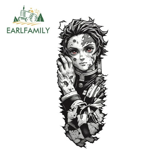 EARLFAMILY 5.1 Inch Tatto Style Tanjiro Car Stickers Interesting Motorcycle Windows Skateboard Bumper Vinyl Decals Occlusion Scratch Personality Custom Printing