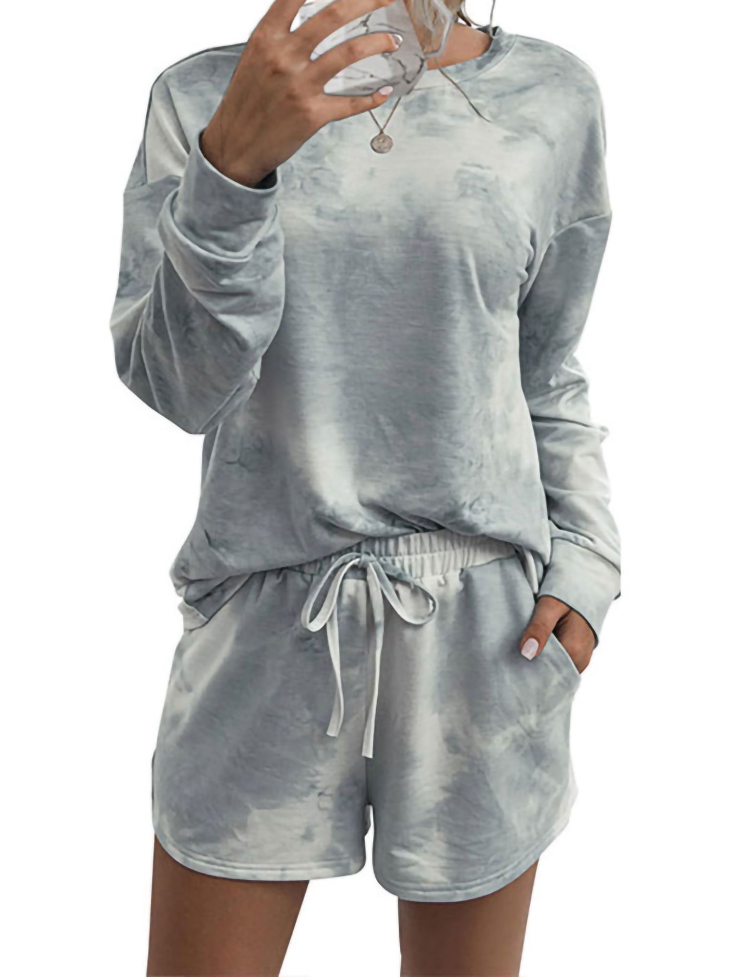 Women Tie Dye Tracksuit Hoodie Shorts Set Playsuit Pullover Casual Loungewear US