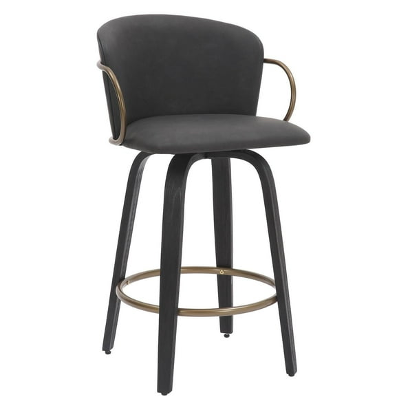 Tabouret de Comptoir, 26 po, avec Siège Pivotant, Jeu de 2 Milieu du Siècle en Similicuir et Bois et Métal - Charbon et Noir et Or Vieilli