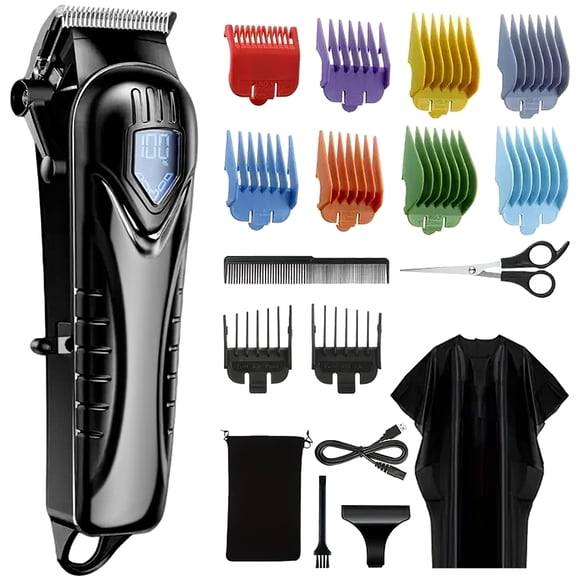 Teetheory Men's Professional Cordless Hair Clipper Kit, Low Noise with 10 Color-Coded Combs, LED Display, Beard Trimmer, Scissors & Hair Cape Black