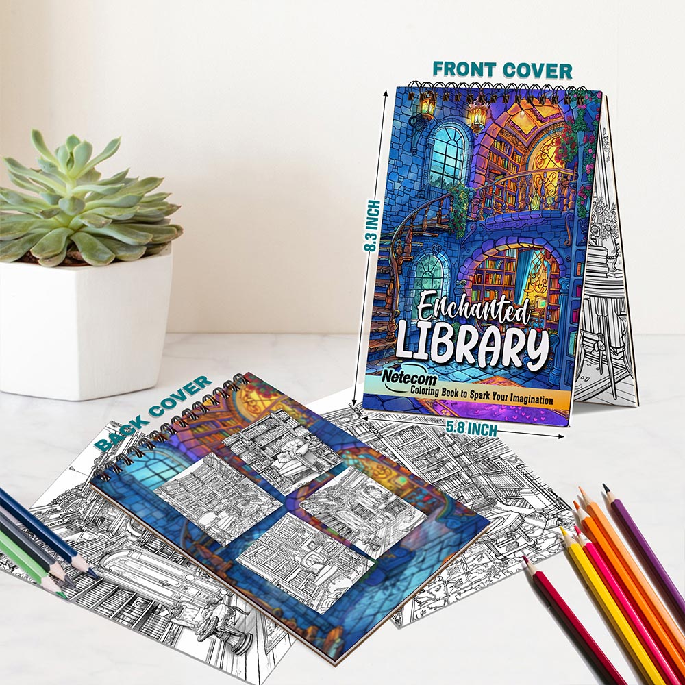 Netecom Enchanted Library Coloring Book for Adults, A5 Wooden Cover, 30 Enchanting Coloring Pages of Mystical Books and Shelves for Stress Relief and Relaxation, Spiral Bound Edition