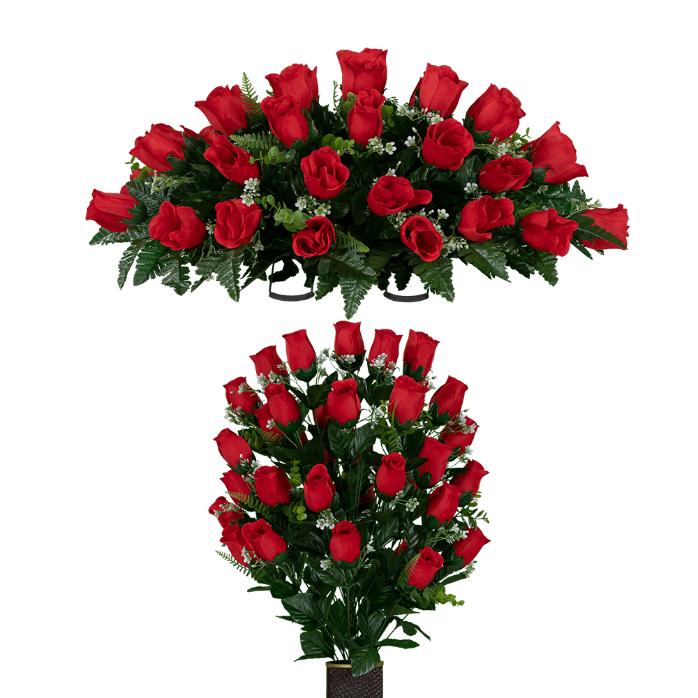 Sympathy Silks Artificial Cemetery Flowers Red Rose Buds Bouquet