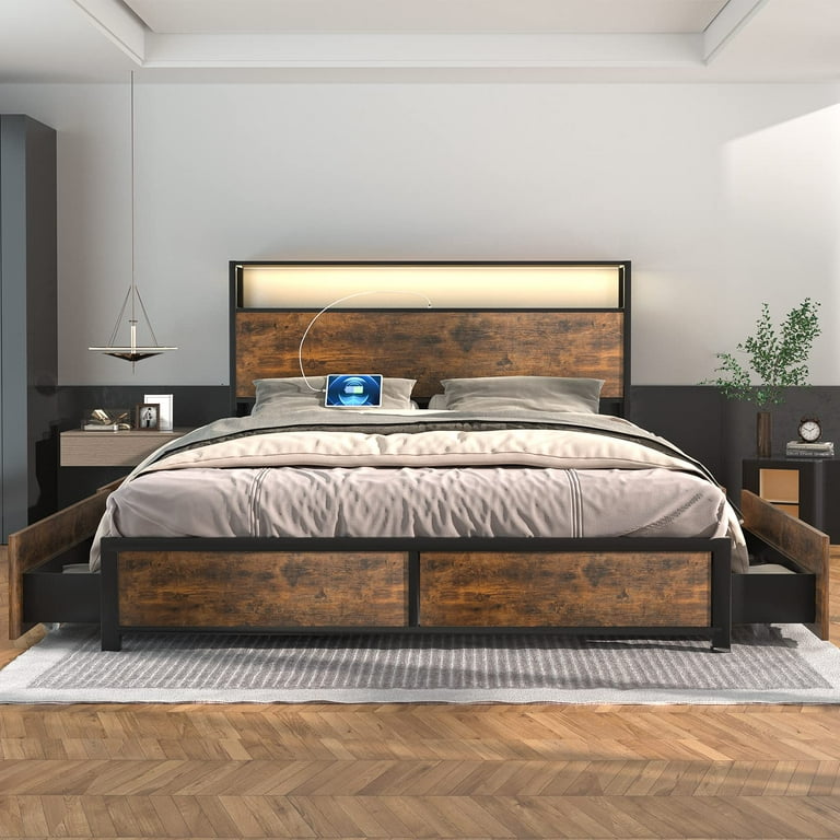 Queen Size Bed Frame with LED Lights Headboard Storage Drawers Metal Platform Bed with Power Outlet and USB Ports Brown Queen