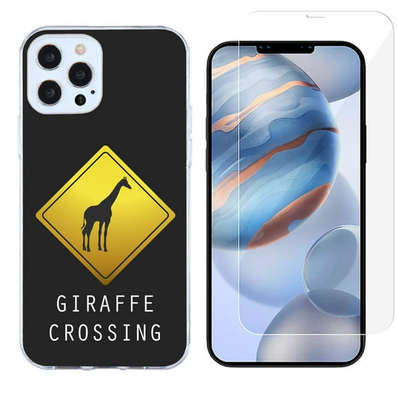 Slim-Fit Protective Phone Case compatible with iPhone 12 Pro Max, with Tempered Glass Screen Protector, by OneToughShield ® - Road Sign Giraffe