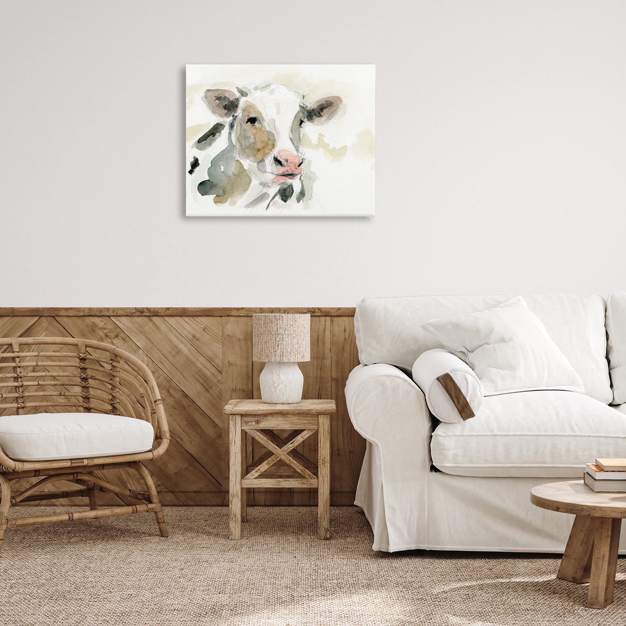 Stupell Industries Soft Watercolor Cow Animals & Insects Painting Gallery Wrapped Canvas Art Print Wall Art, 30 x 24