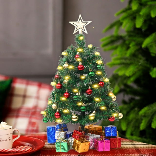 45cm Tabletop Christmas Tree with Decorations, Artificial Mini Tree with Lights and Ornaments, DIY Desktop Holiday Centerpiece for Home