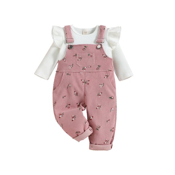 Gureui 2 Pieces Kids Suit Set, Solid Color O-Neck Long Sleeve Tops+ Floral Print Suspender Trousers for Girls, 6 Months-4 Years