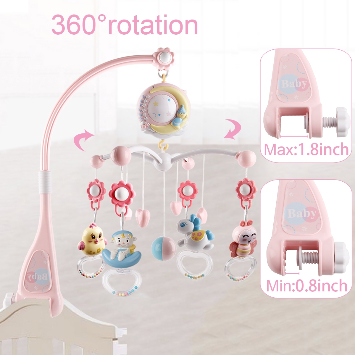 Mini Tudou Baby Musical Crib Mobile with Timing Function Projector and Lights,Hanging Rotating Rattles and Remote Control Music Box with 150 Melodies,Toy for Newborn 0-24 Months